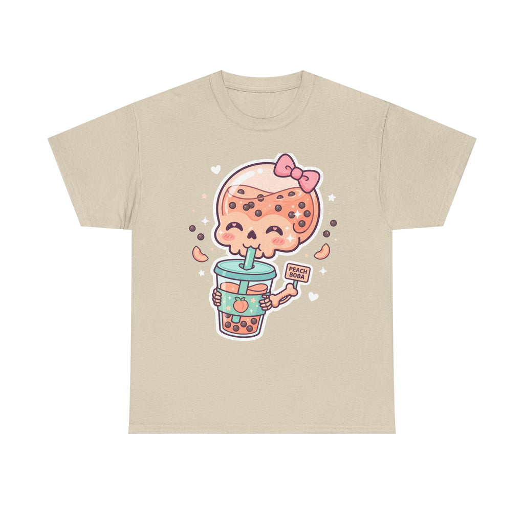 Beige T-shirt with kawaii boba tea skull graphic holding a cup