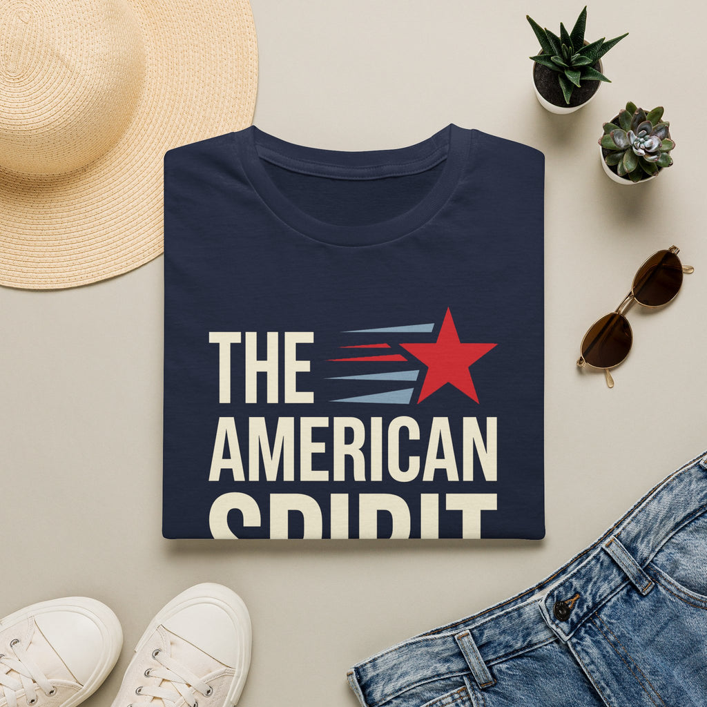 Patriotic graphic t-shirt in navy with centered 'THE AMERICAN SPIRIT' text and red star