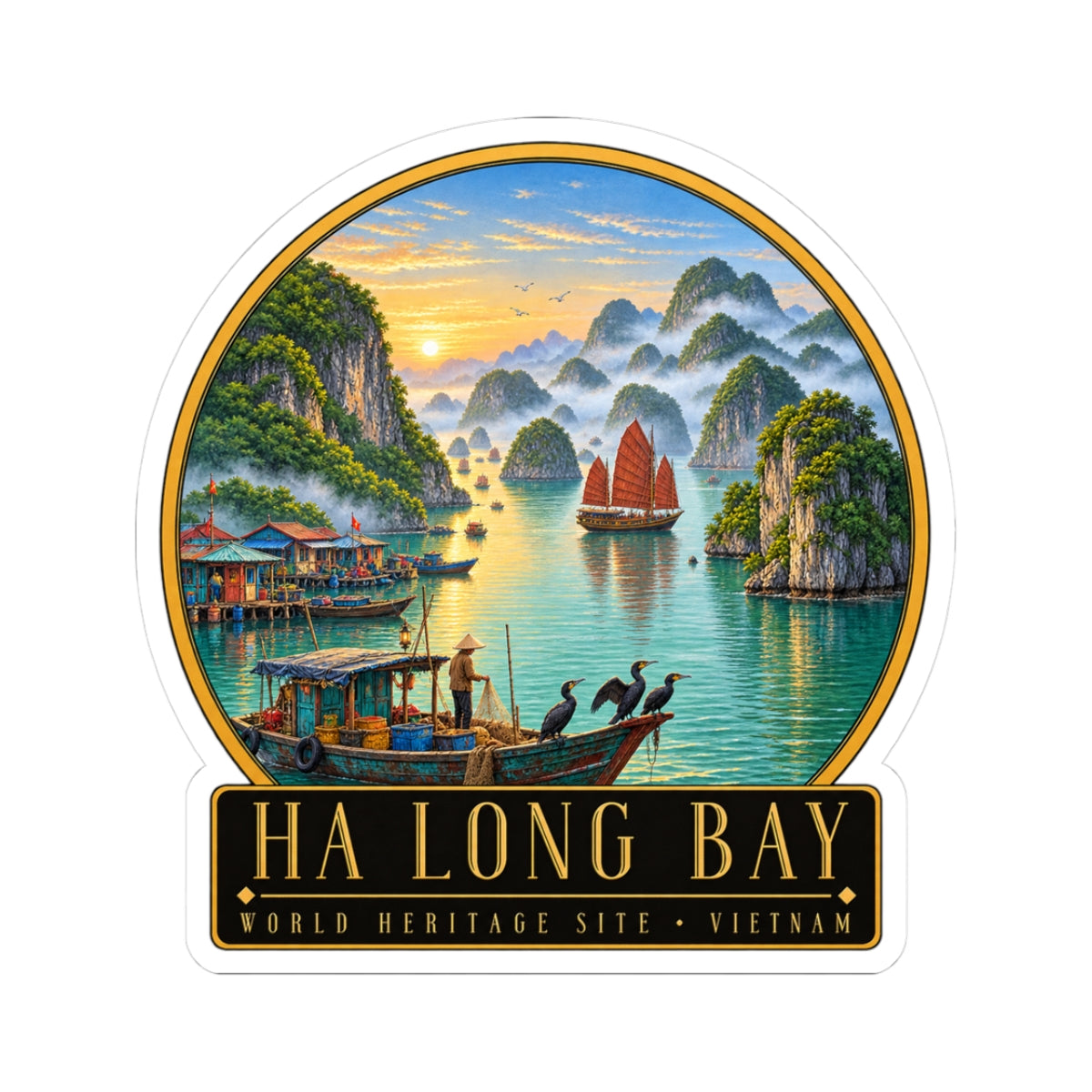 Circular Ha Long Bay vinyl sticker with boats, karst mountains, and “HA LONG BAY” label