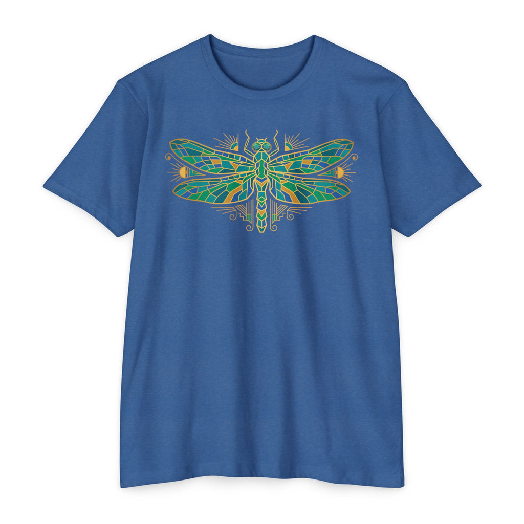 Blue t-shirt with colorful dragonfly mosaic graphic on the chest