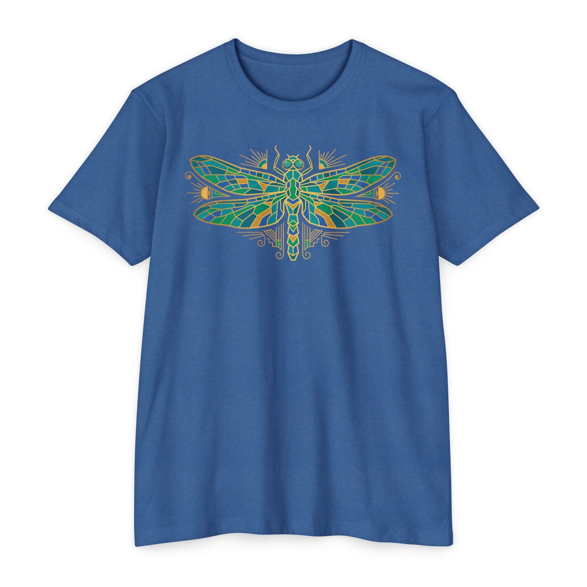 Blue t-shirt with colorful dragonfly mosaic graphic on the chest