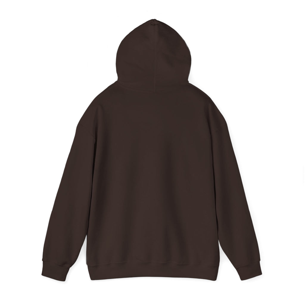 Dark brown hoodie, back view with drawstring hood and long sleeves