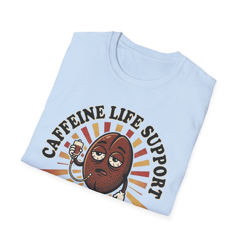 Light blue T-shirt with 'CAFFEINE LIFE SUPPORT 37' coffee bean cartoon chest graphic