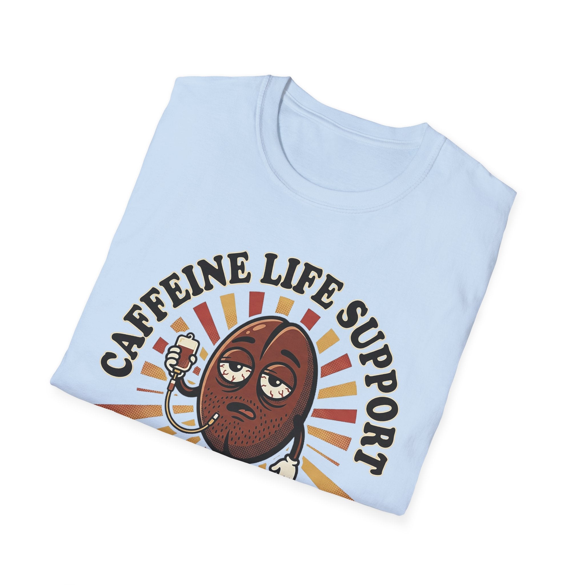 Light blue T-shirt with 'CAFFEINE LIFE SUPPORT 37' coffee bean cartoon chest graphic