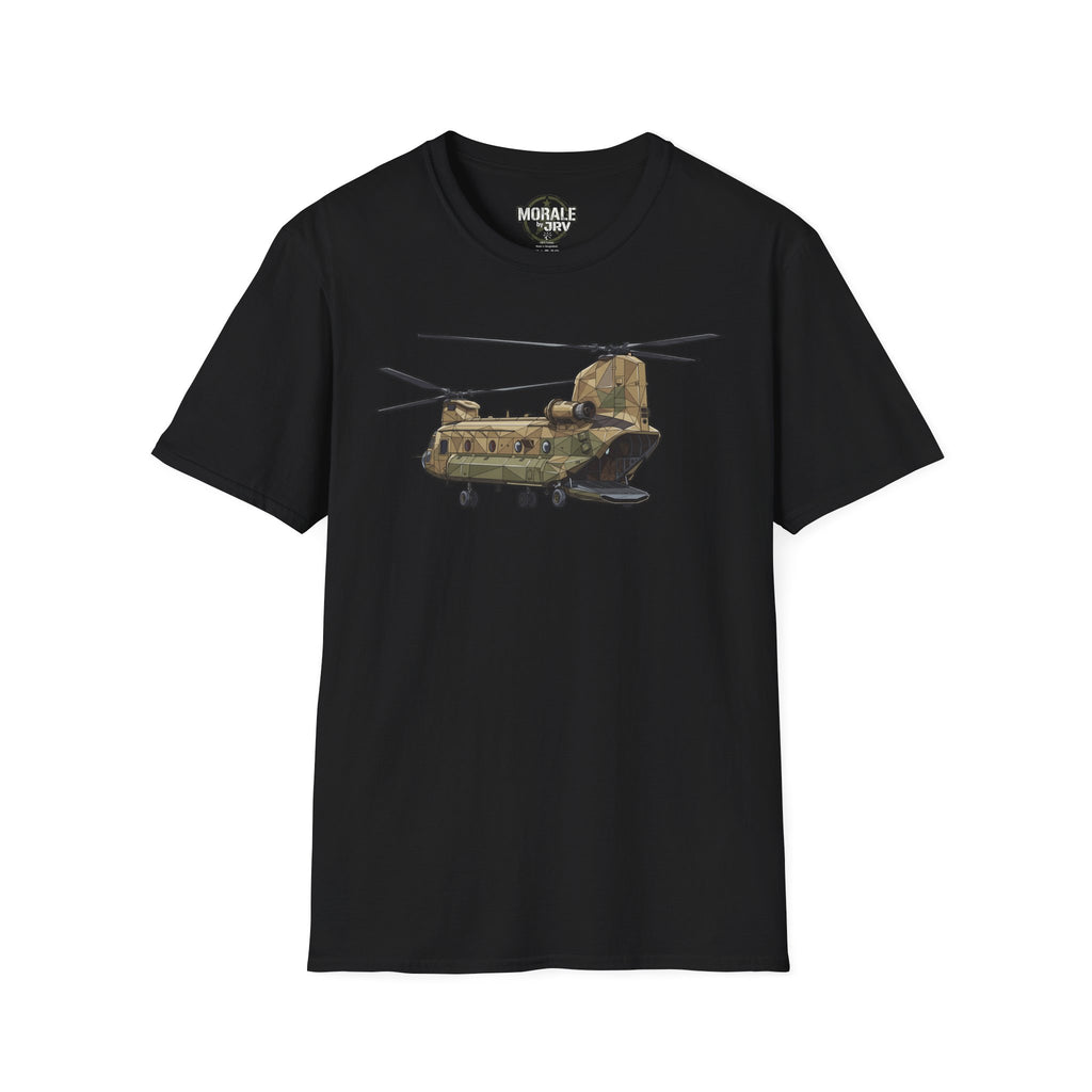 CH-47 T-shirt black with tan/green military helicopter graphic centered