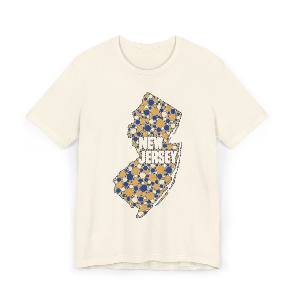 Cream T-shirt with speckled floral New Jersey map graphic in blue and gold