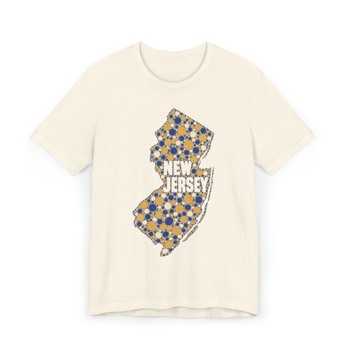 Cream T-shirt with speckled floral New Jersey map graphic in blue and gold