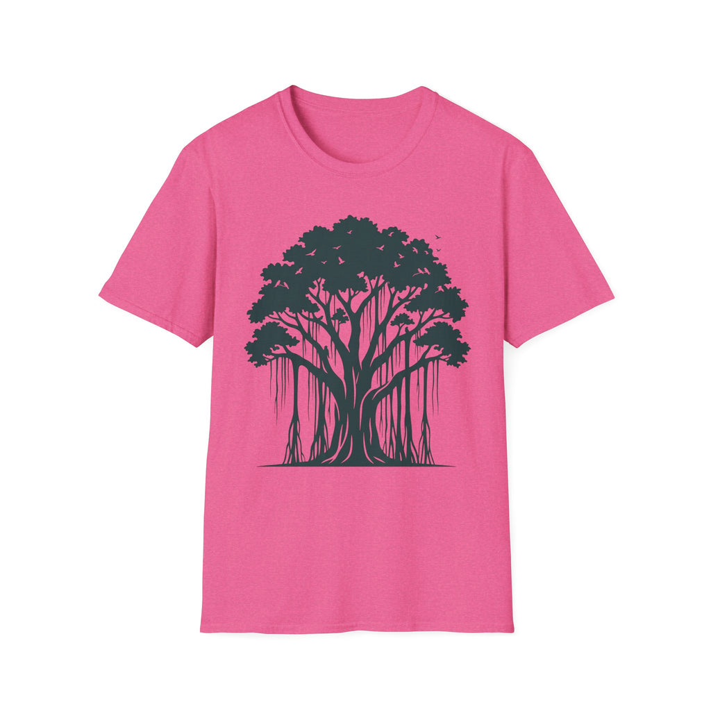 Pink T-shirt with dark tree roots graphic centered on the chest