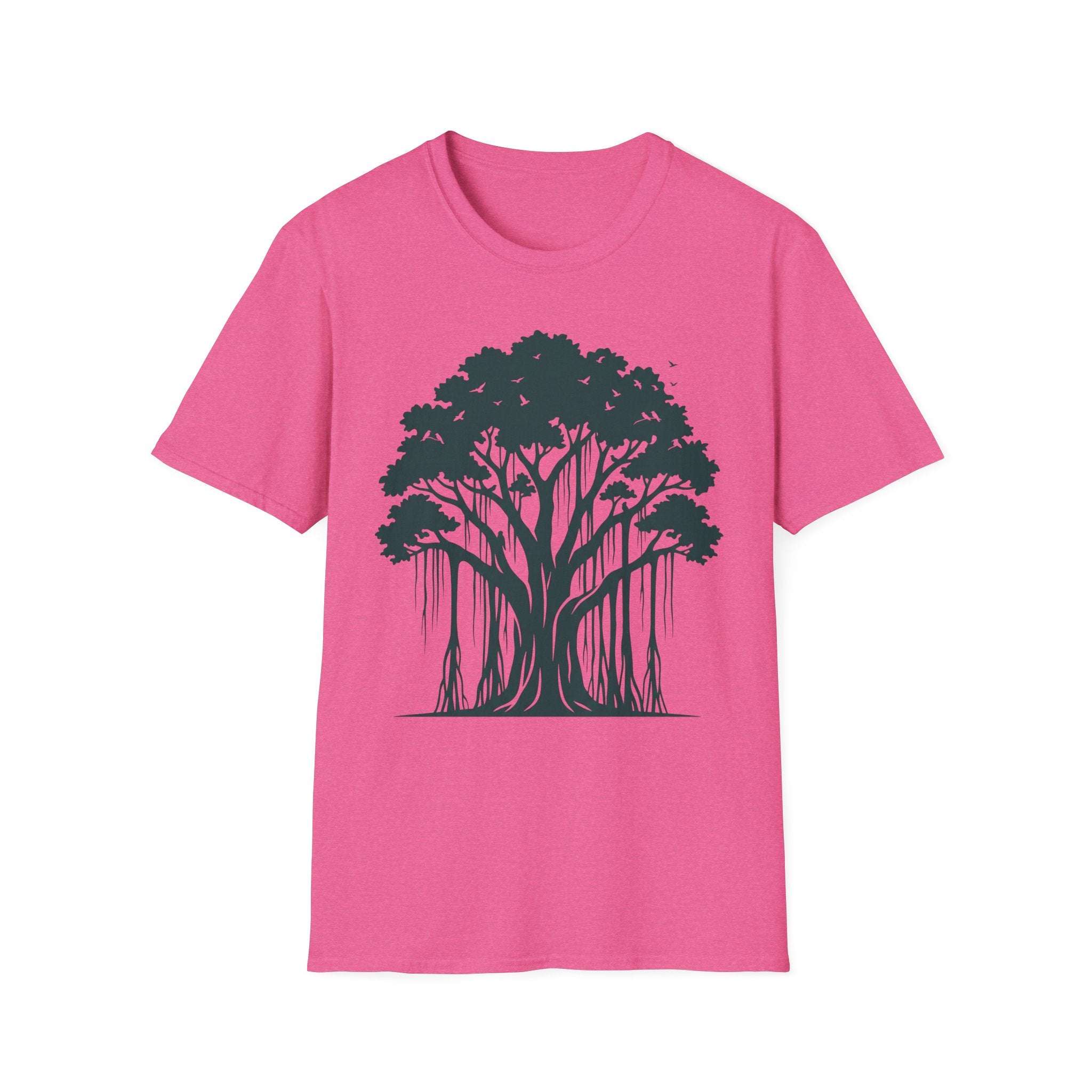 Pink T-shirt with dark tree roots graphic centered on the chest