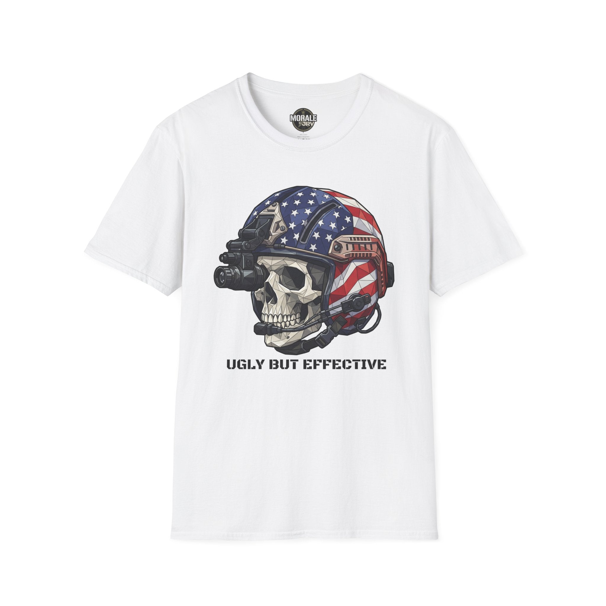 American Flag skull tactical helmet graphic T-shirt, white crew neck