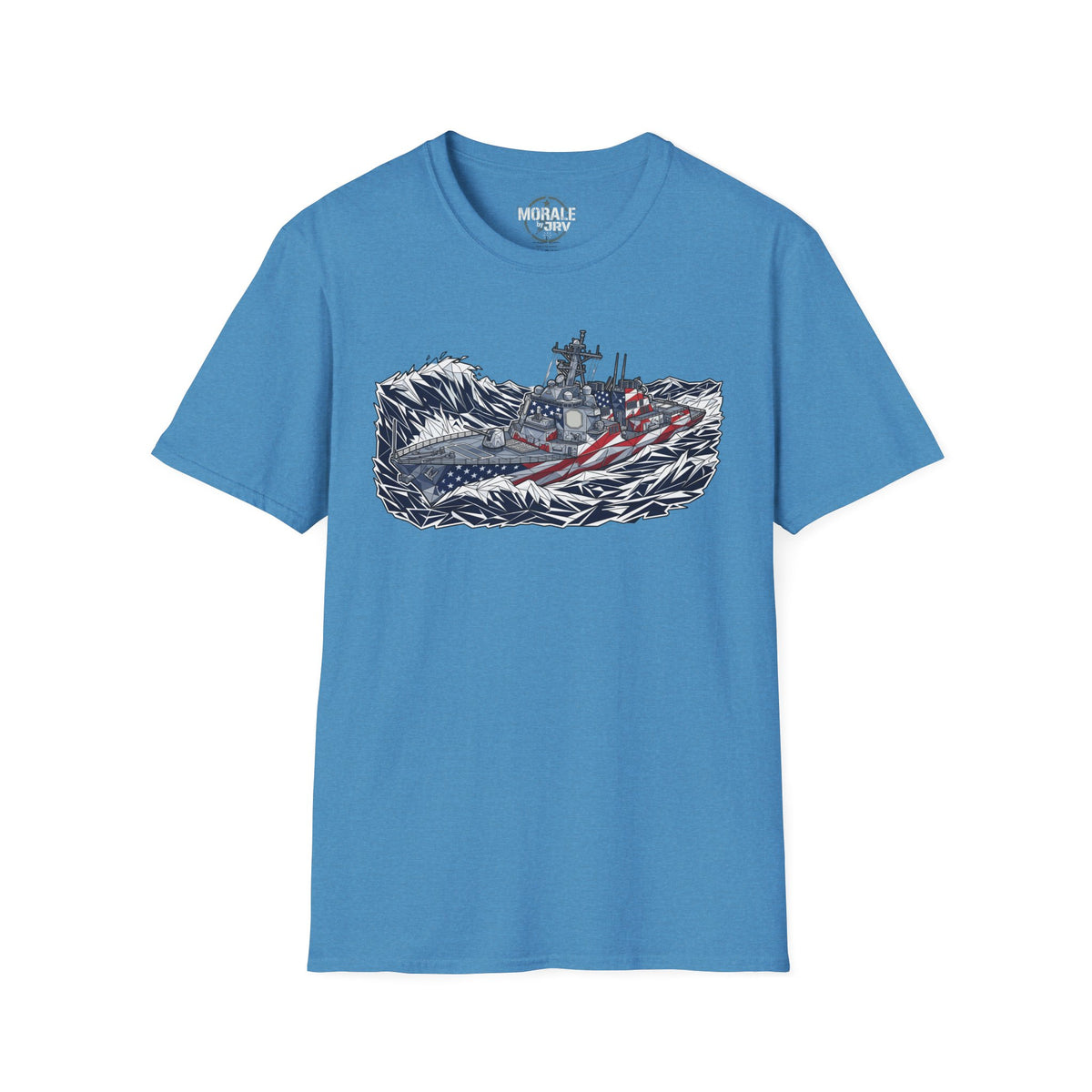 Patriotic battleship graphic t-shirt in blue, front chest print of battleship with flag