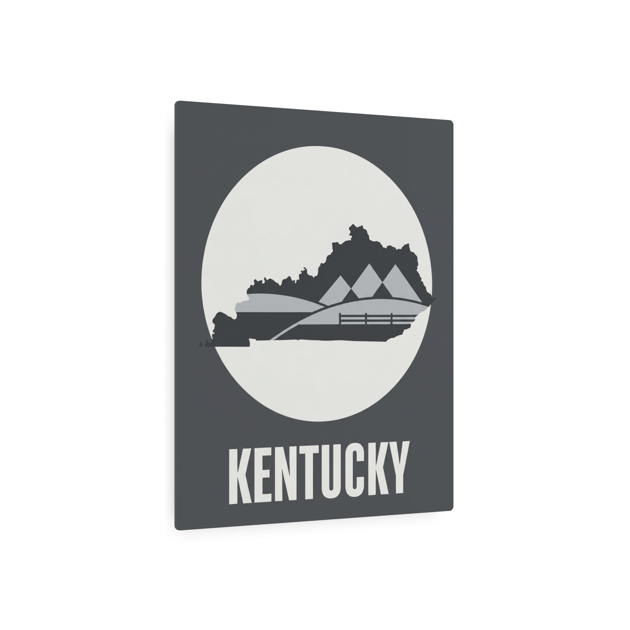 Metal wall art sign: dark square panel with moon circle, Kentucky skyline silhouette, KENTUCKY text
