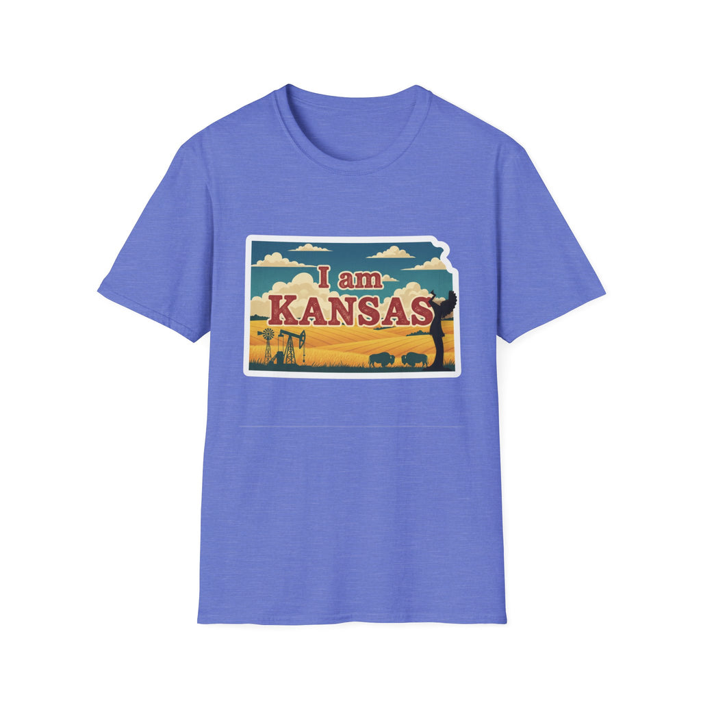 Blue Kansas T-shirt with 'I am KANSAS' graphic and prairie scene patch
