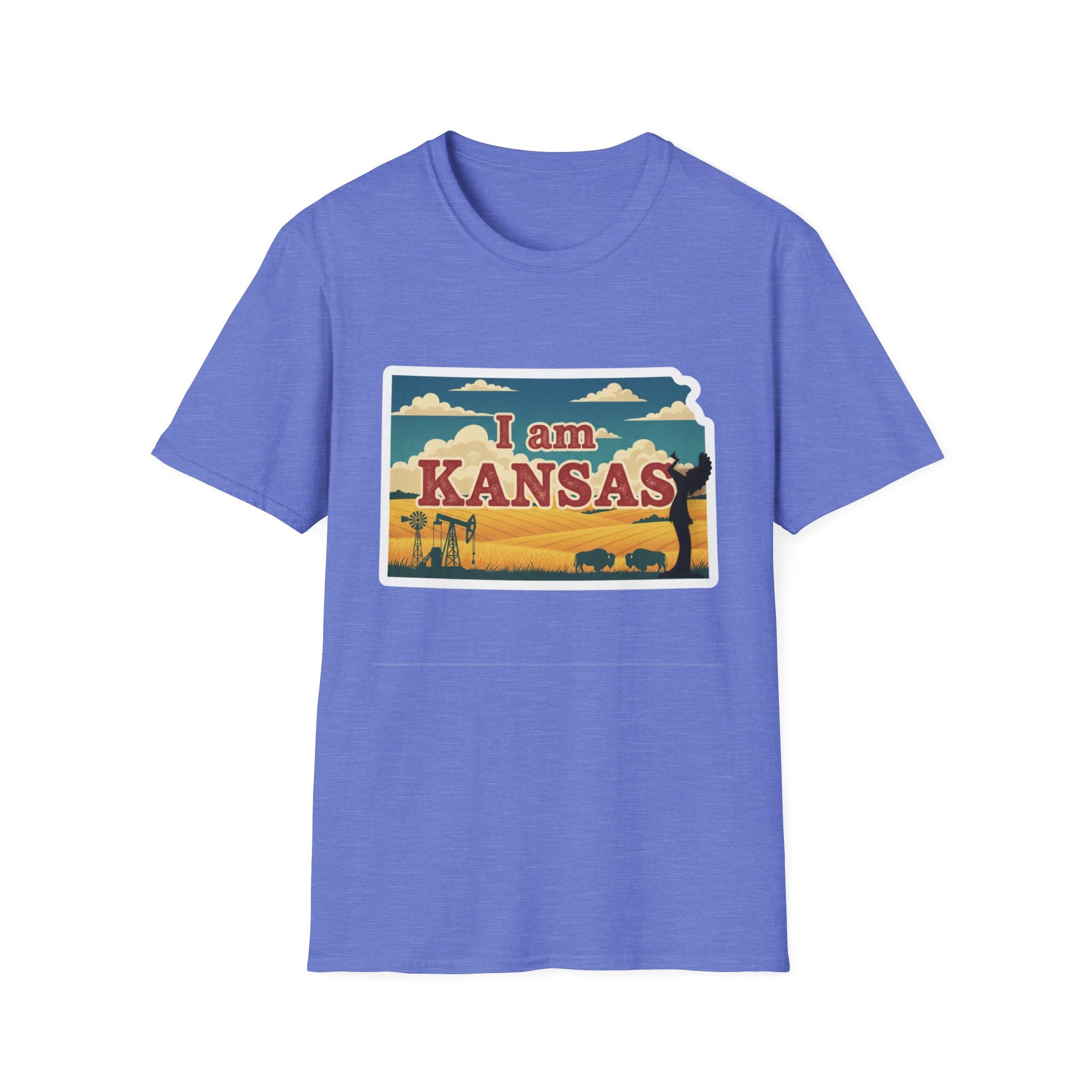 Blue Kansas T-shirt with 'I am KANSAS' graphic and prairie scene patch