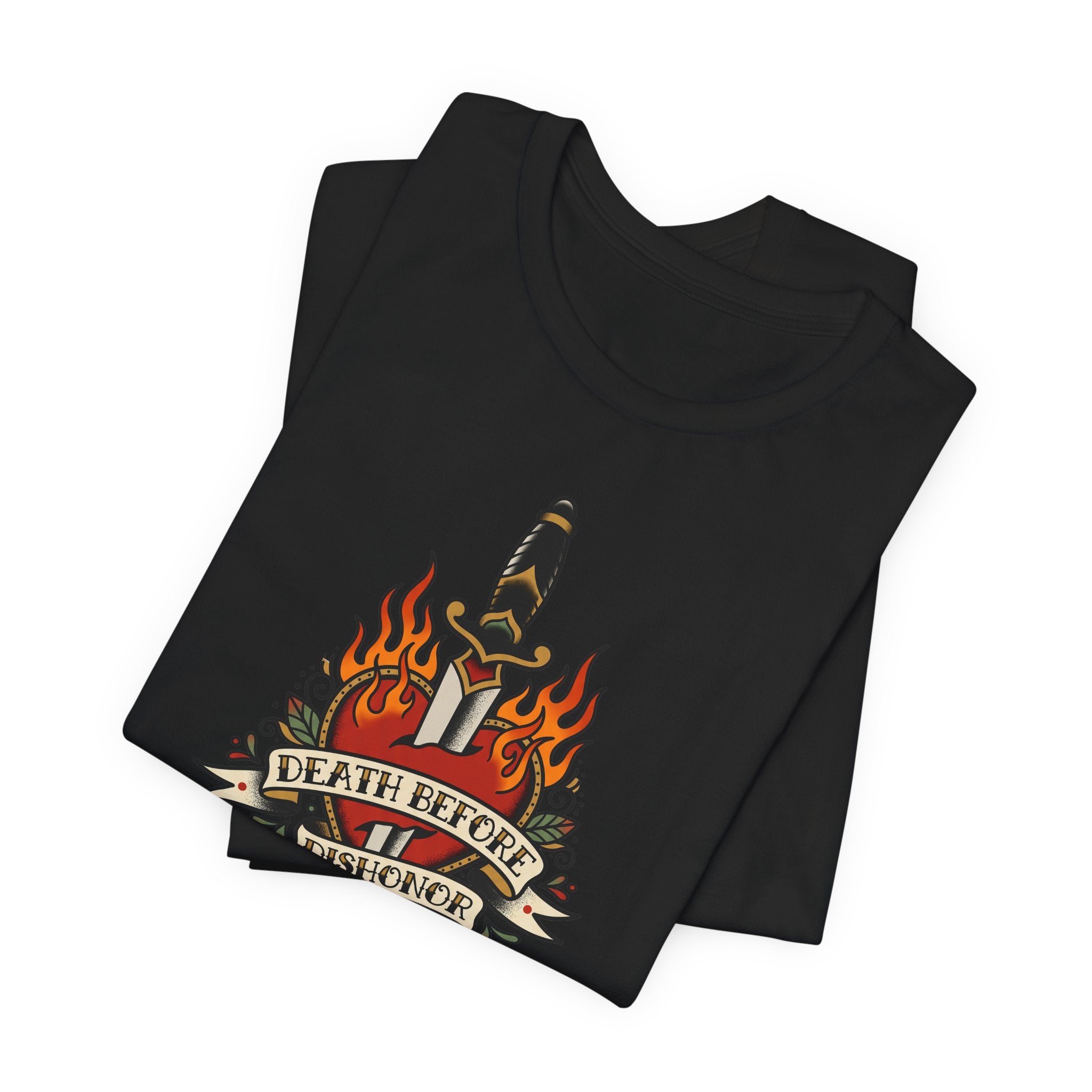 Black T-shirt with flaming dagger and banner graphic at chest.
