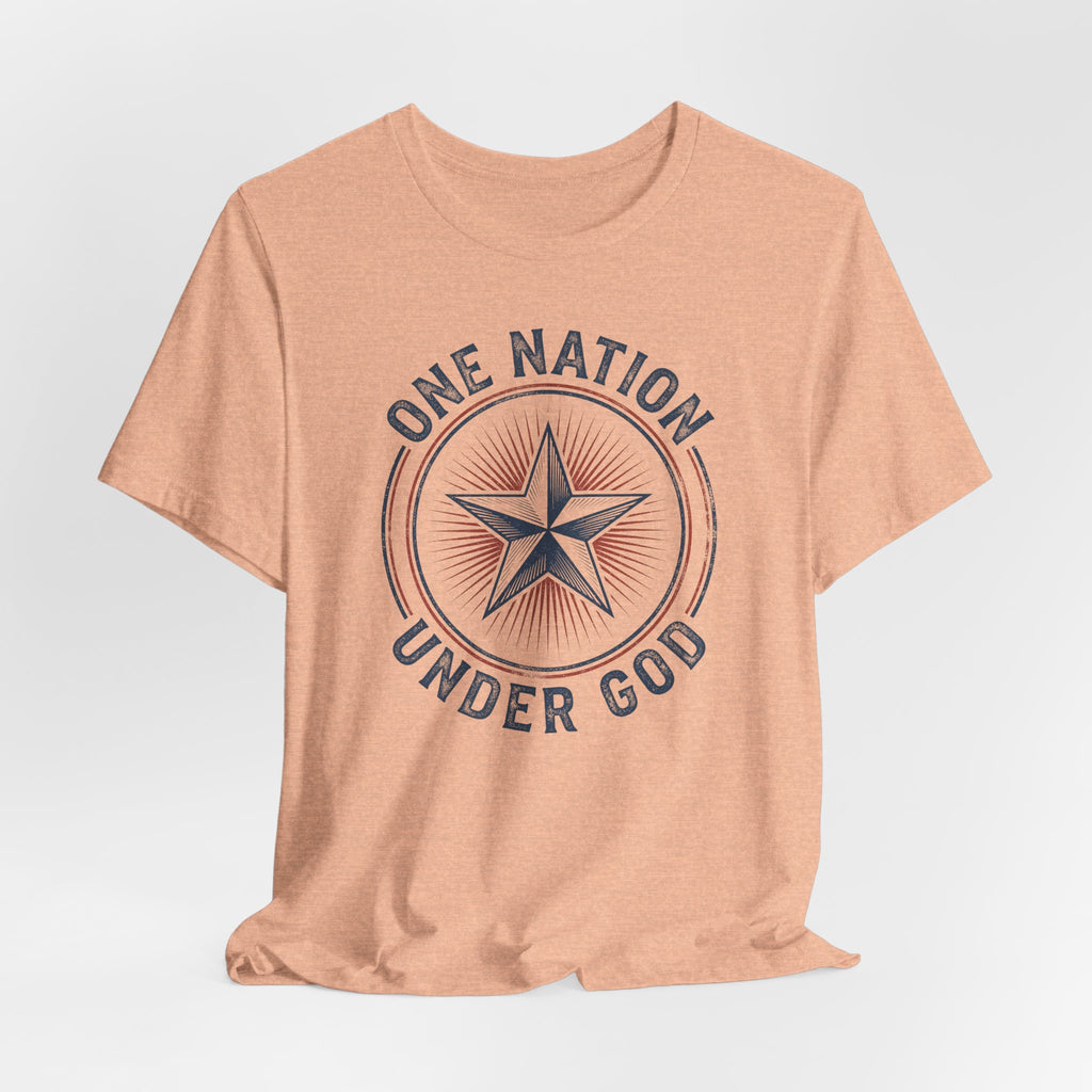 Peach t-shirt with front circular star emblem and curved text graphic.