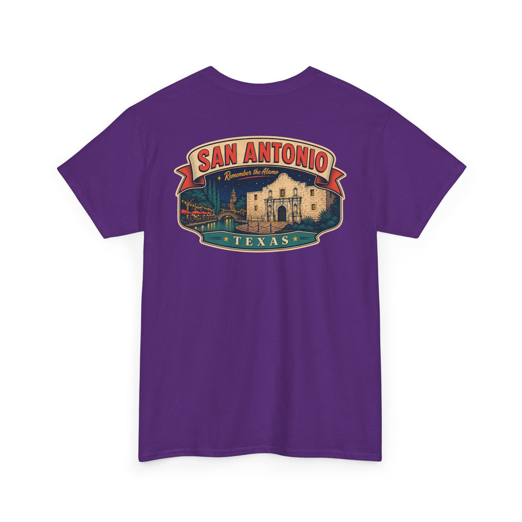 Purple San Antonio Texas city badge T-shirt with crew neck short sleeves