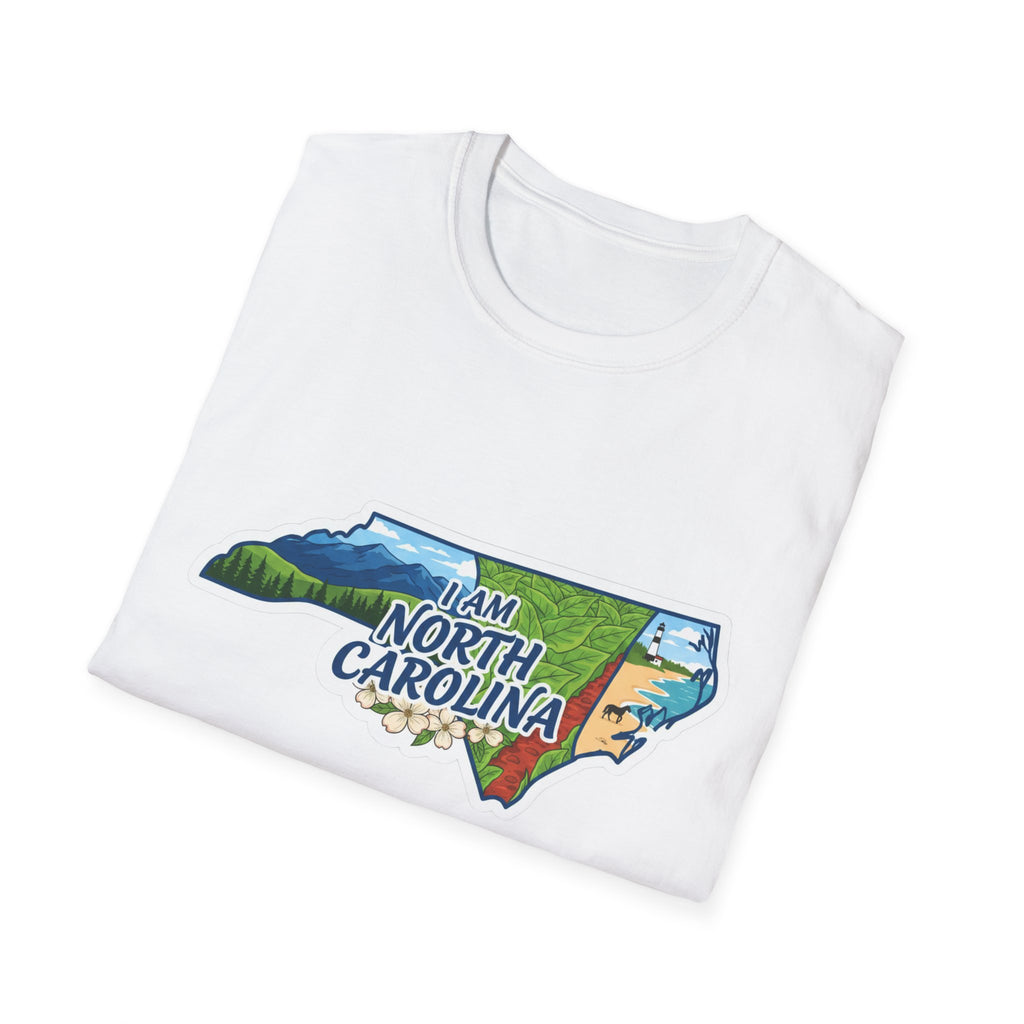 I Am North Carolina T-Shirt, weißer Stoff mit Kartenmotiv, Floral & Natur-Elementen