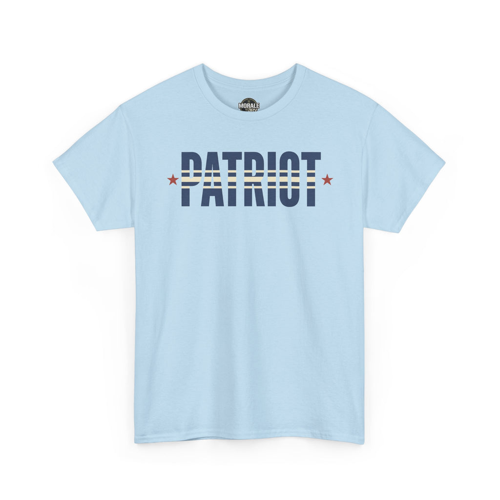 Men's patriotic flag stripe T-shirt in light blue with "PATRIOT" front graphic