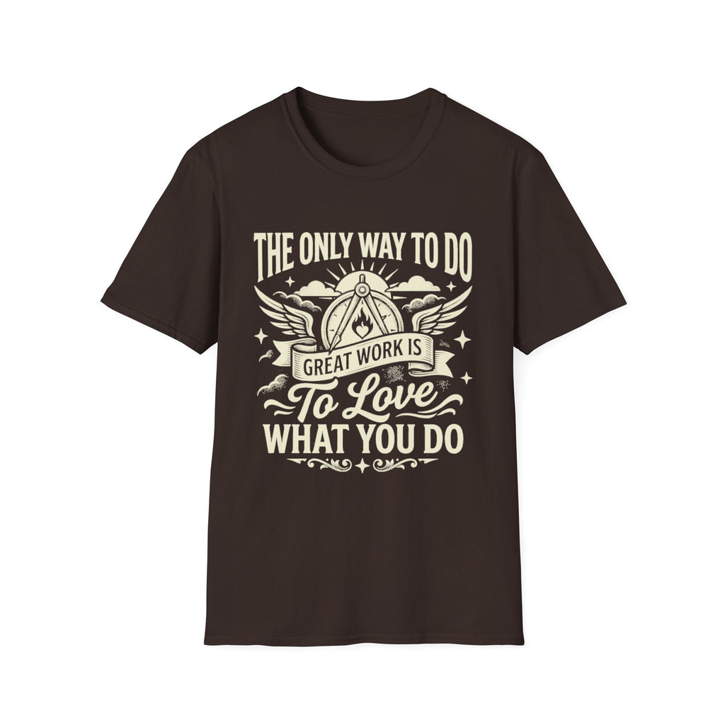 Dark chocolate T-shirt with “To love what you do” quote and winged emblem