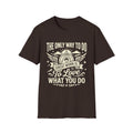 Dark chocolate T-shirt with “To love what you do” quote and winged emblem