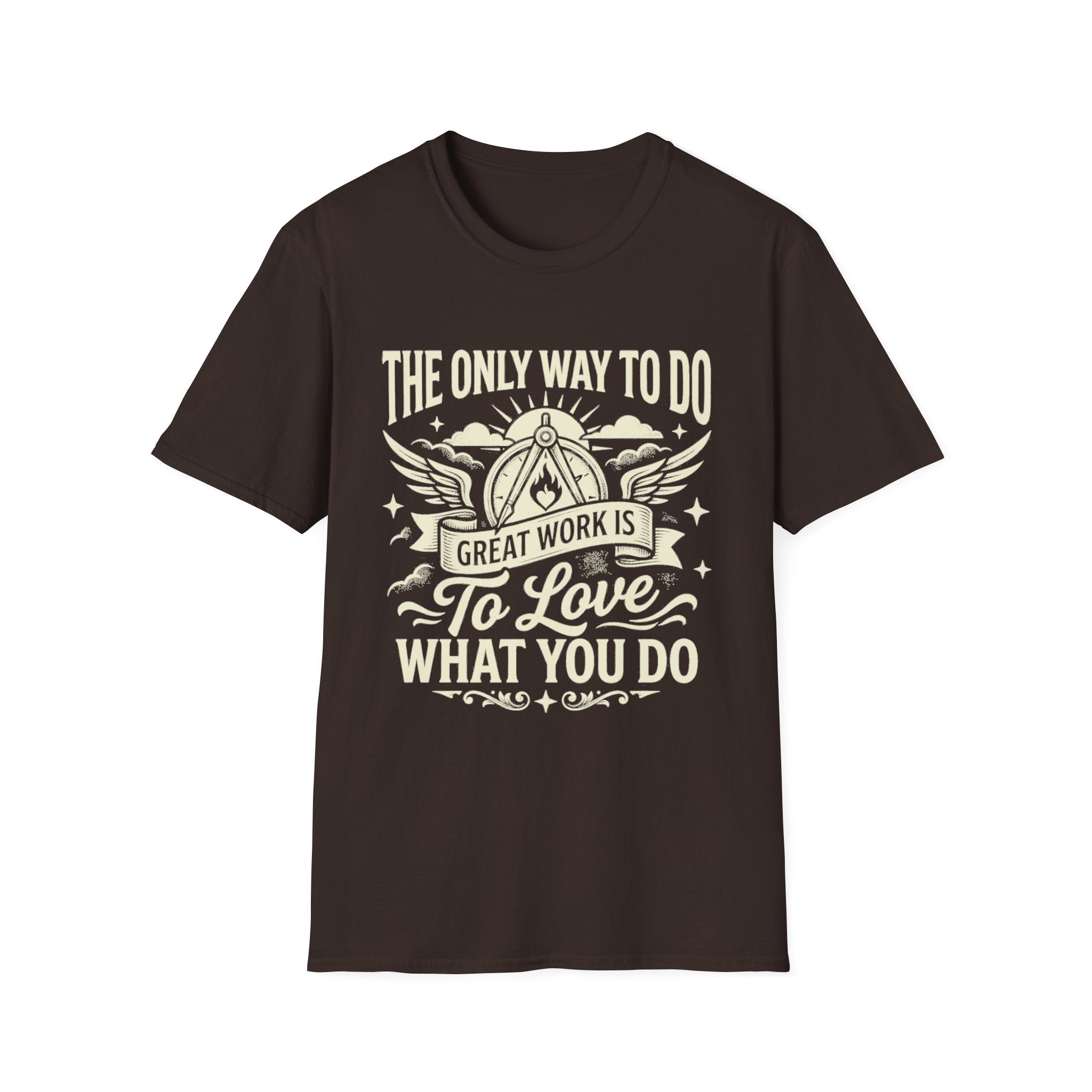 Dark chocolate T-shirt with “To love what you do” quote and winged emblem