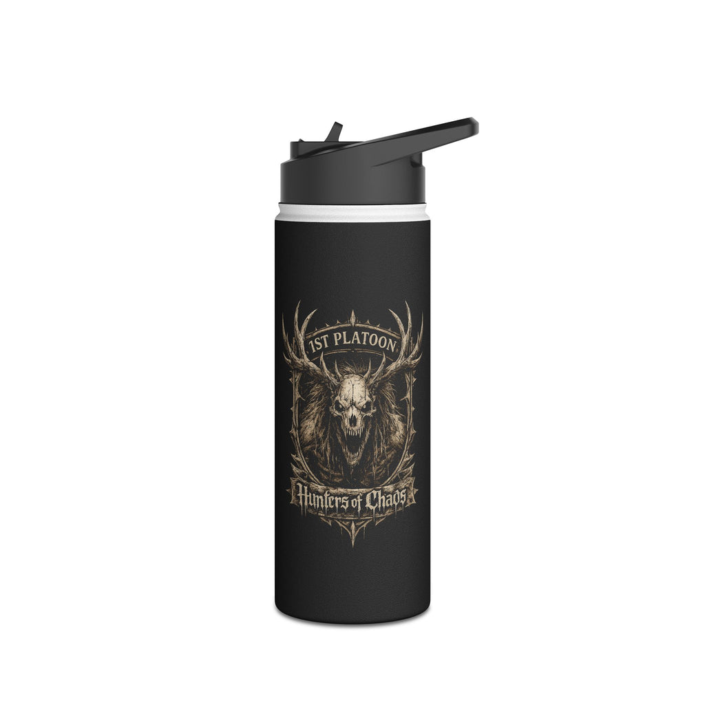 Black stainless steel tumbler with flip lid and centered deer head graphic