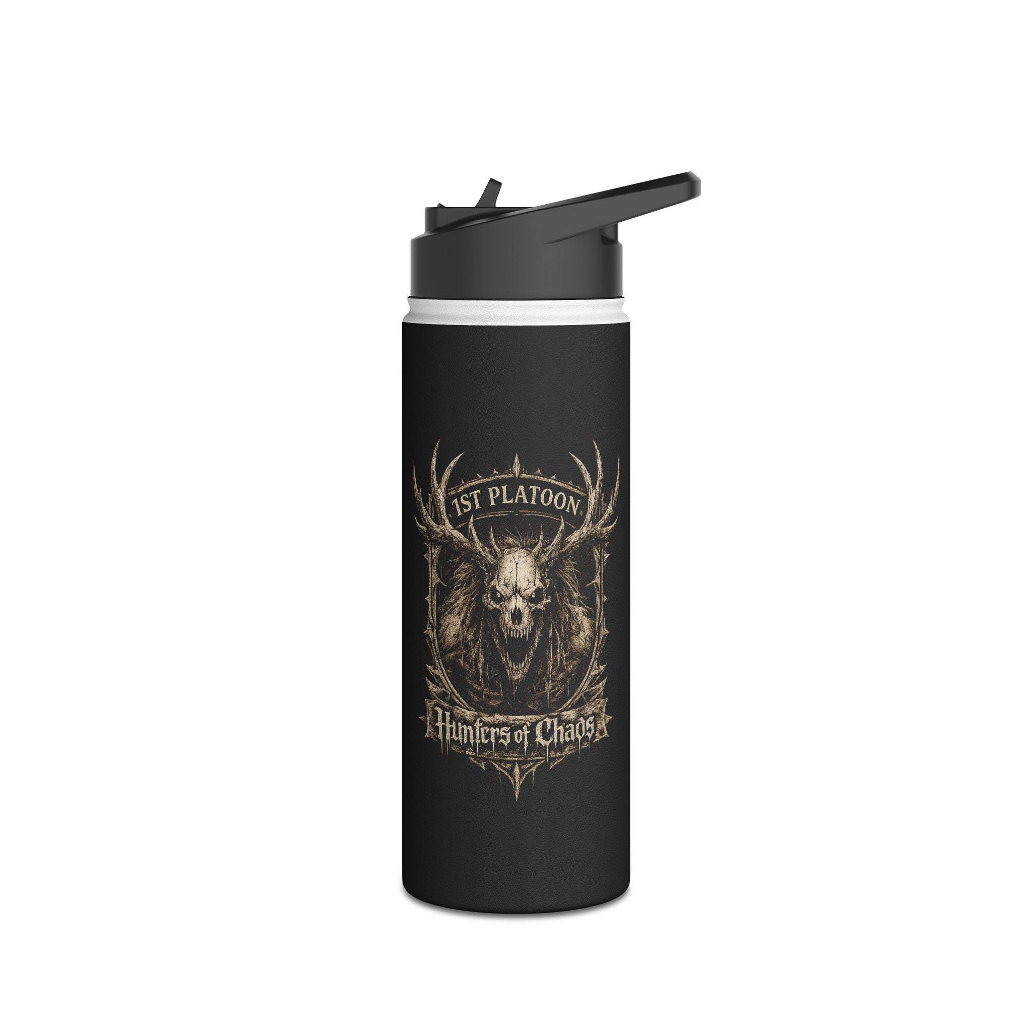 Black stainless steel tumbler with flip lid and centered deer head graphic