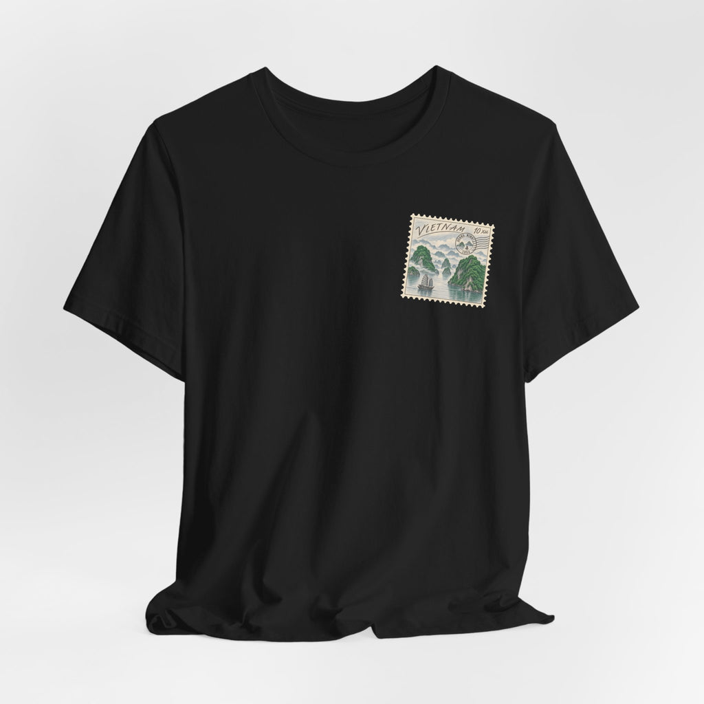 Black T-shirt with small Vietnam postage stamp-style chest graphic