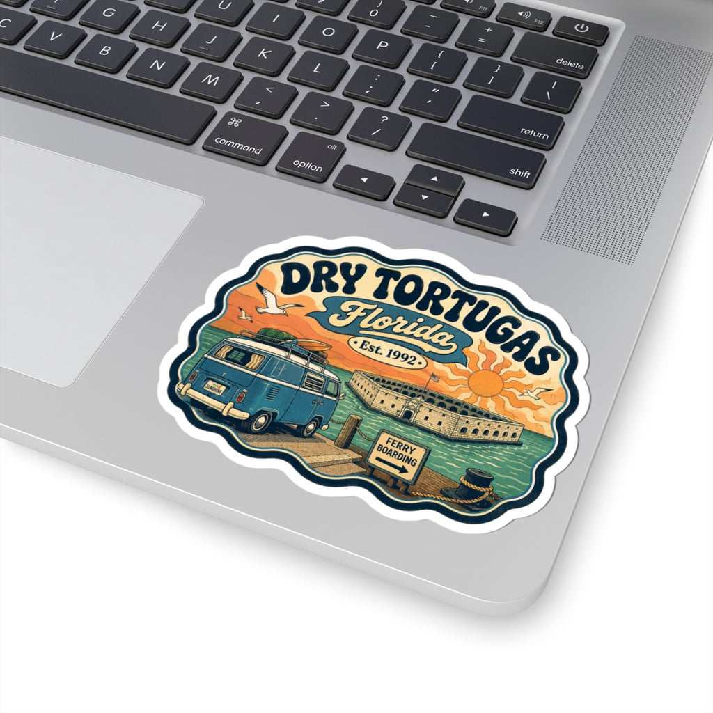Dry Tortugas National Park sticker on laptop: teal camper van, fort, orange sunset, ferry sign
