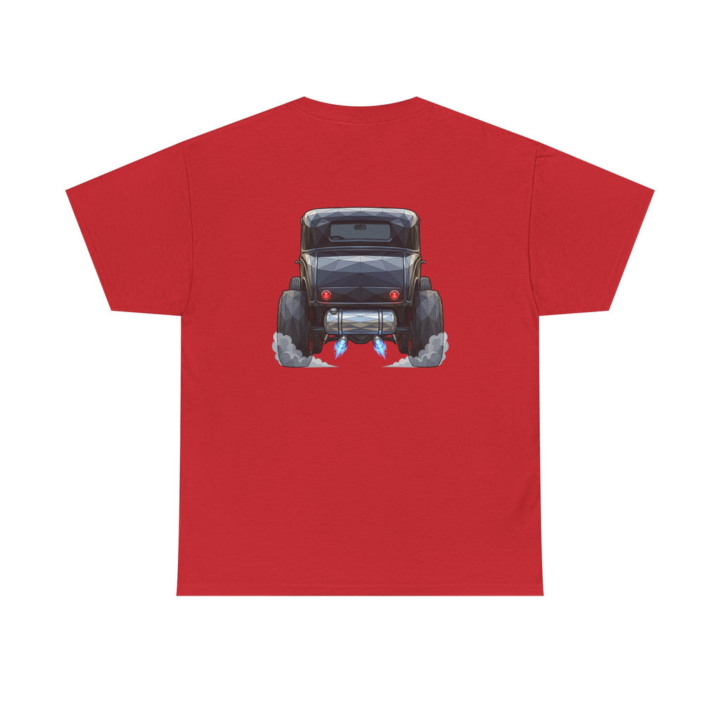 Red short-sleeve T-shirt with centered vintage hot rod graphic on the chest