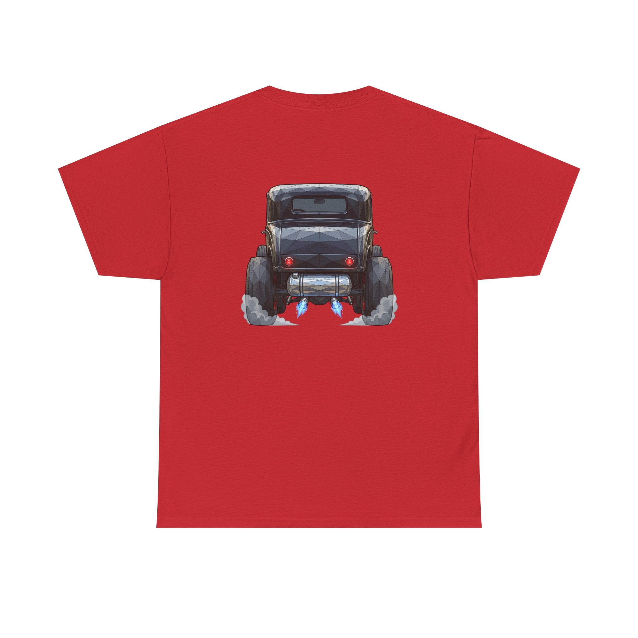 Red short-sleeve T-shirt with centered vintage hot rod graphic on the chest