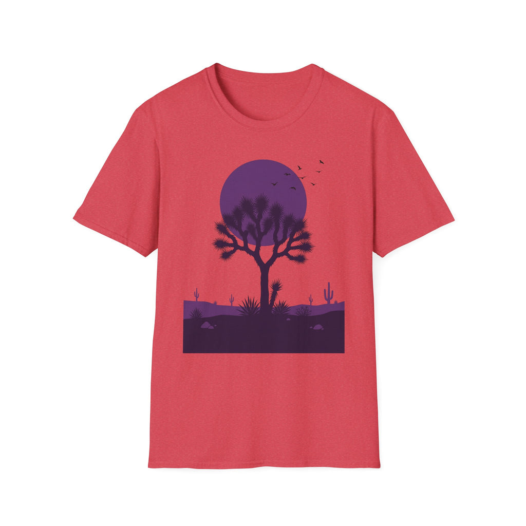 Red heather T-shirt with large purple moon, Joshua tree silhouette and desert plants