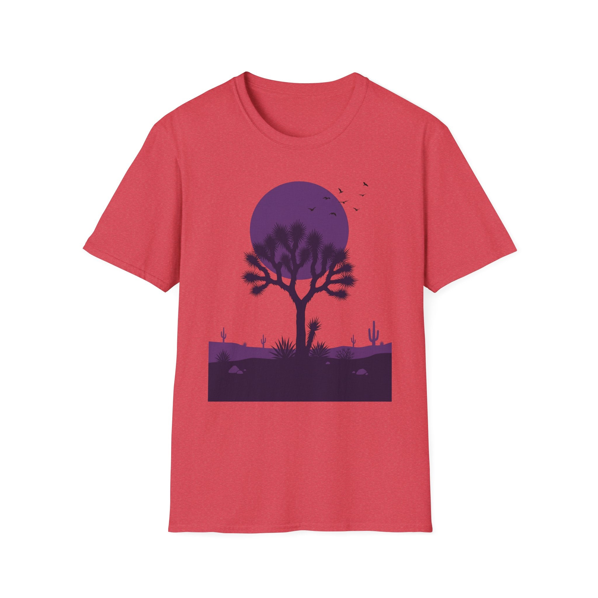 Red heather T-shirt with large purple moon, Joshua tree silhouette and desert plants
