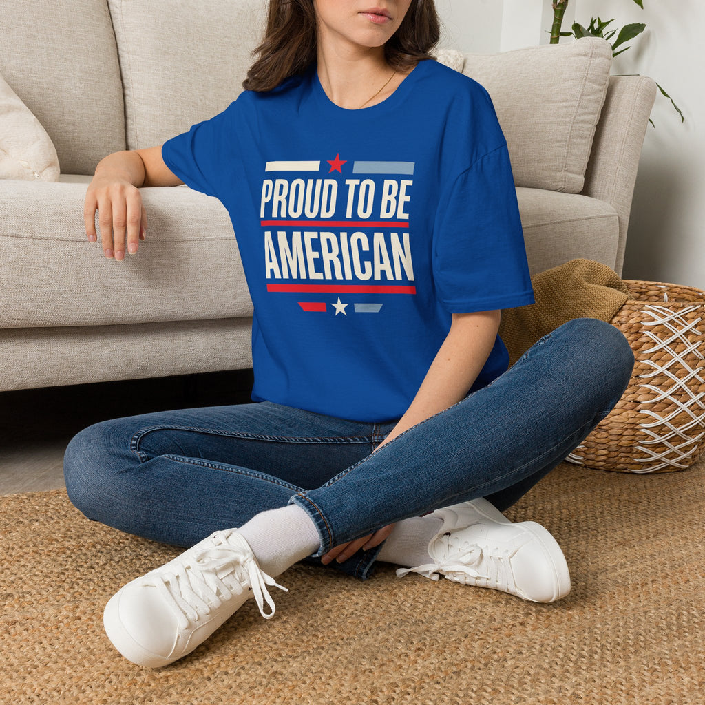 Royal blue T-shirt with "Proud To Be American" patriotic text graphic
