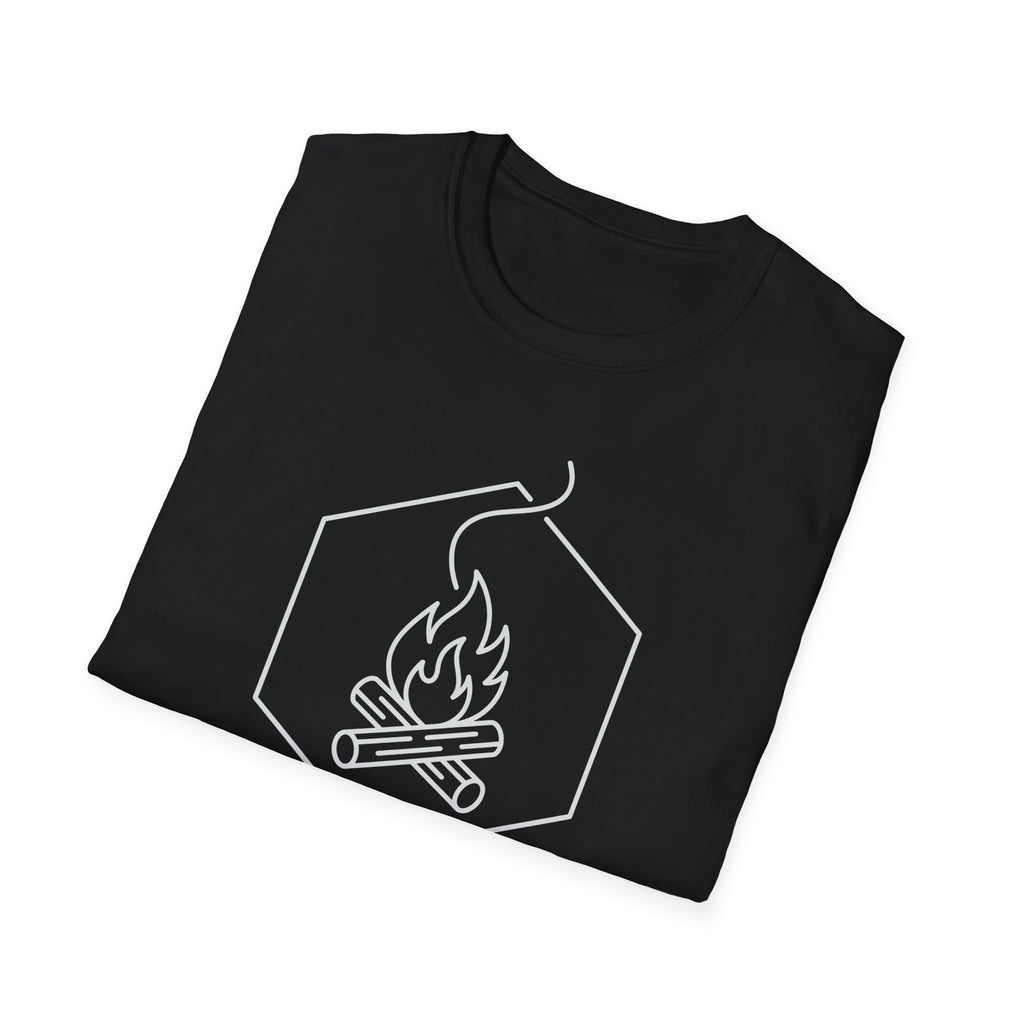 Black T-shirt with hexagon campfire line graphic on the chest