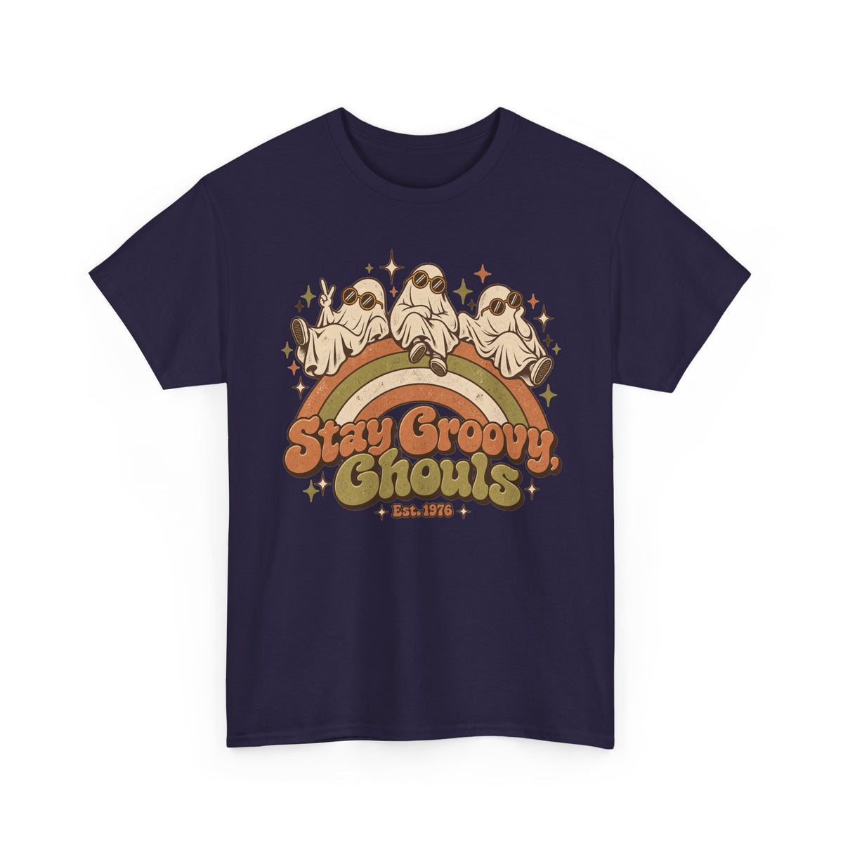 Stay Groovy Ghouls T-Shirt, Retro Rainbow Ghosts in Sunglasses Halloween Shirt for Women and Men, Cute 70s Spooky Tee