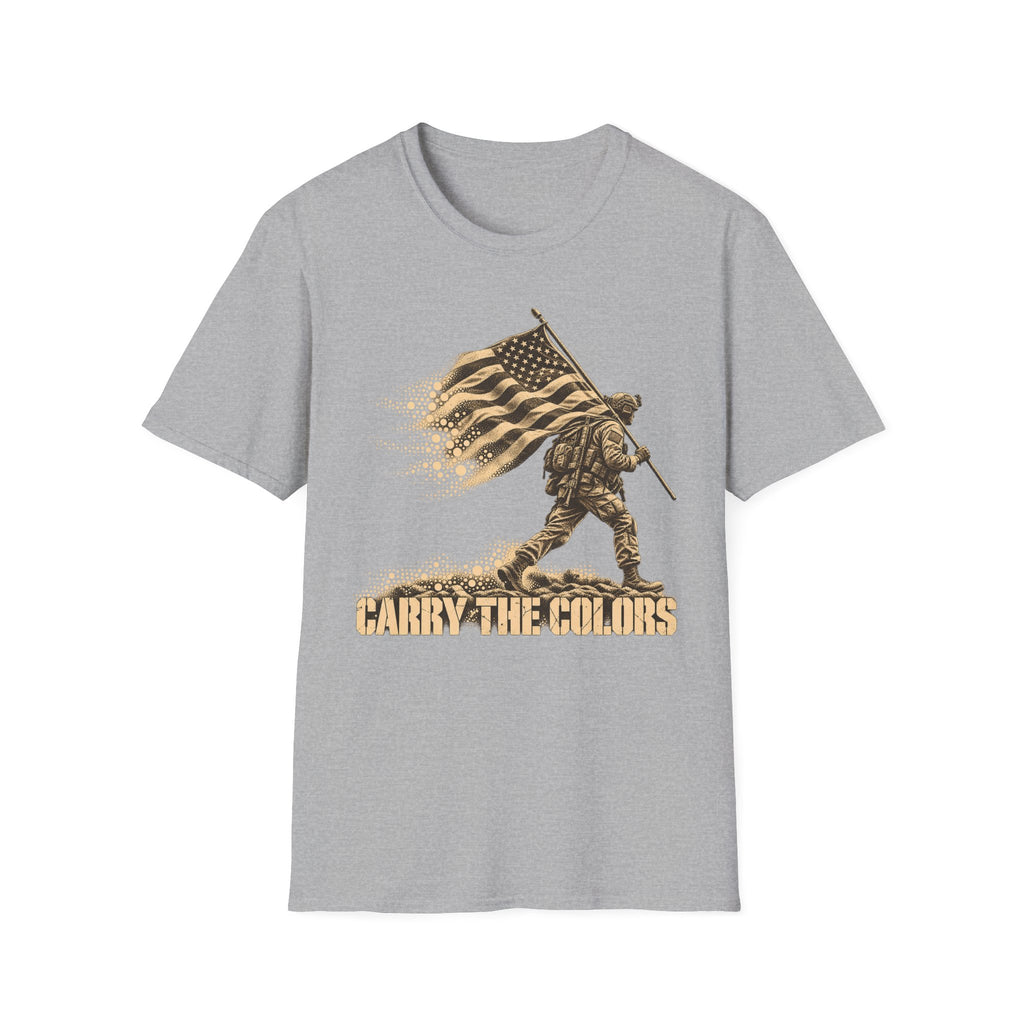 Light gray t-shirt with gold soldier carrying flag graphic and “CARRY THE COLORS” text