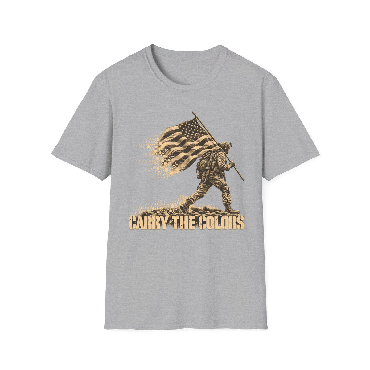 Light gray t-shirt with gold soldier carrying flag graphic and “CARRY THE COLORS” text