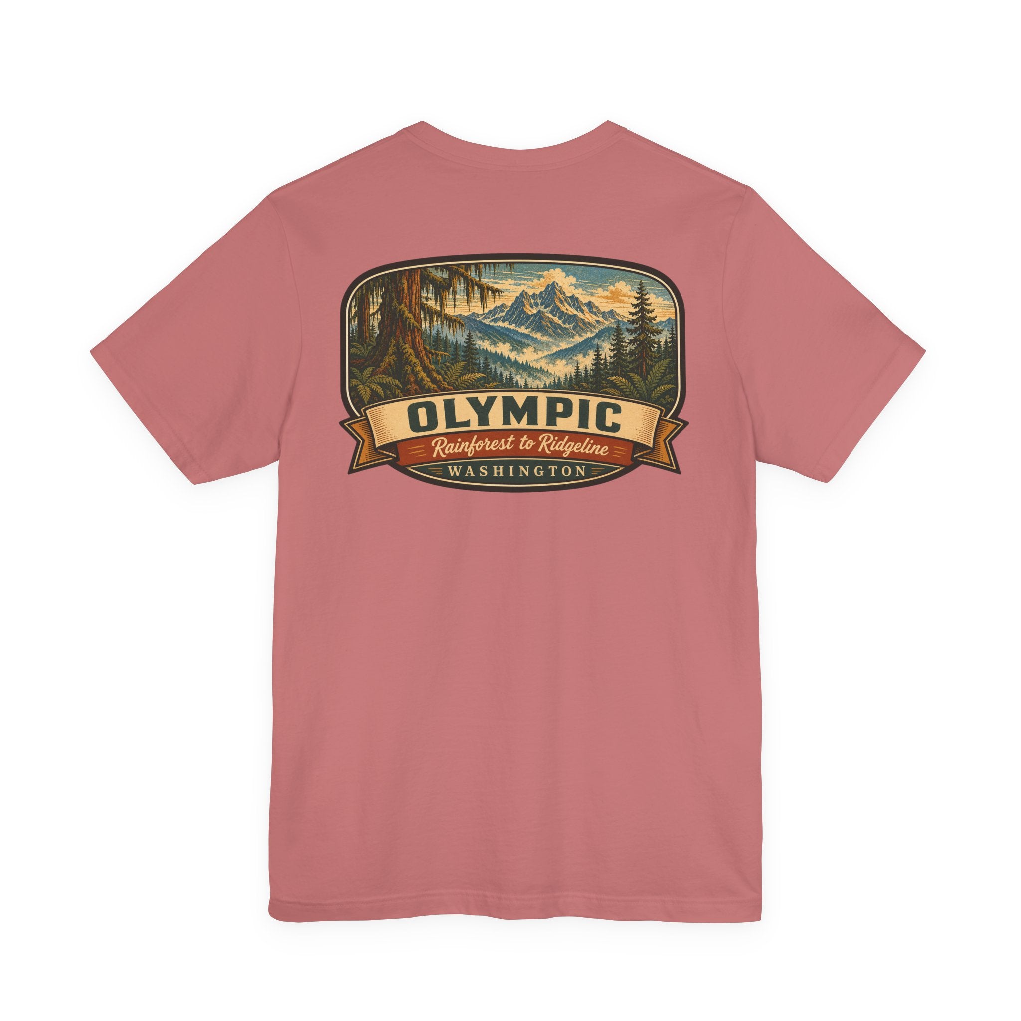 Dusty pink graphic t-shirt with Olympic mountain-and-forest ribbon emblem