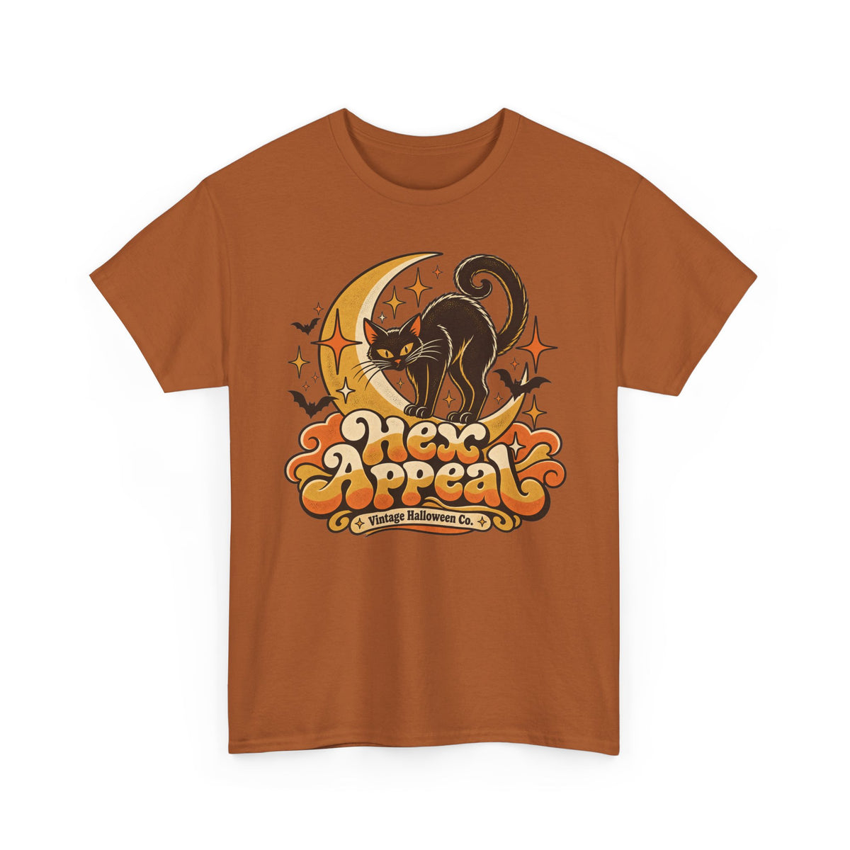 Hex Appeal Black Cat T-Shirt, Retro Crescent Moon Witchy Halloween Shirt for Women and Men, Funny Spooky Cat Lover Tee