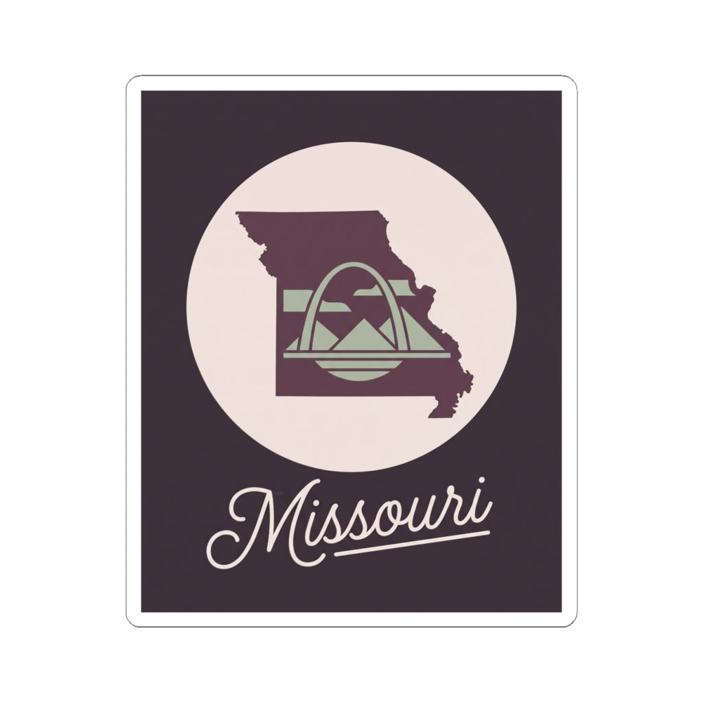 Missouri state silhouette kiss-cut decal, dark purple square with circular emblem and Missouri text
