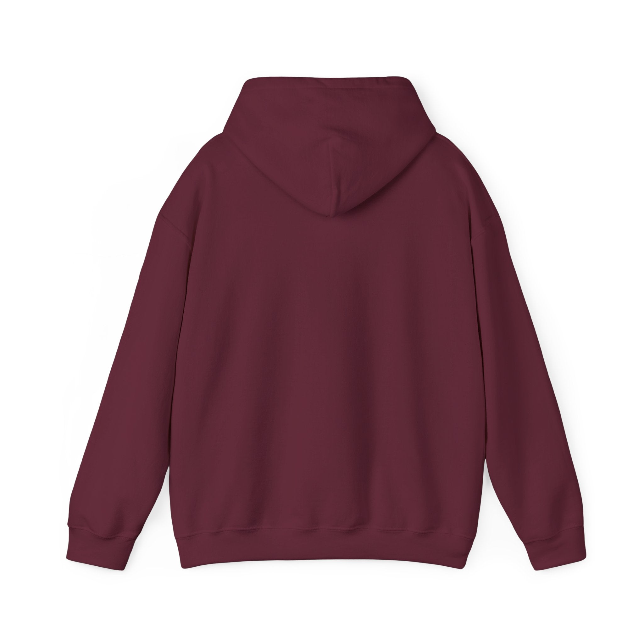 Maroon hoodie with hood and drawstrings, shown from the back.