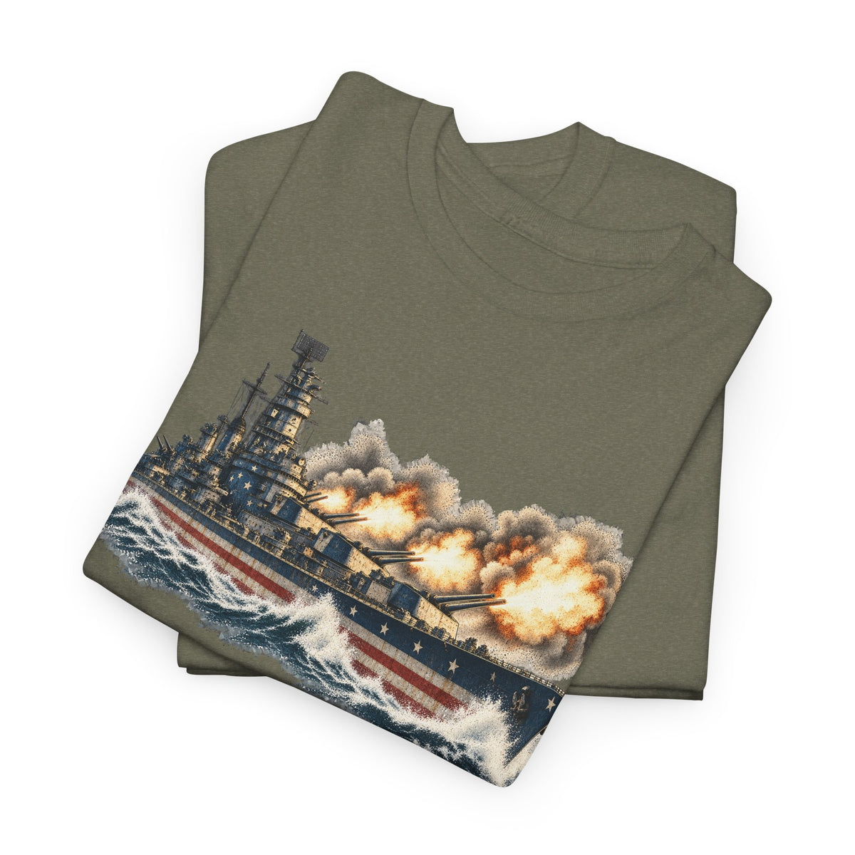 Olive green crew-neck T-shirt with battleship graphic and smoke