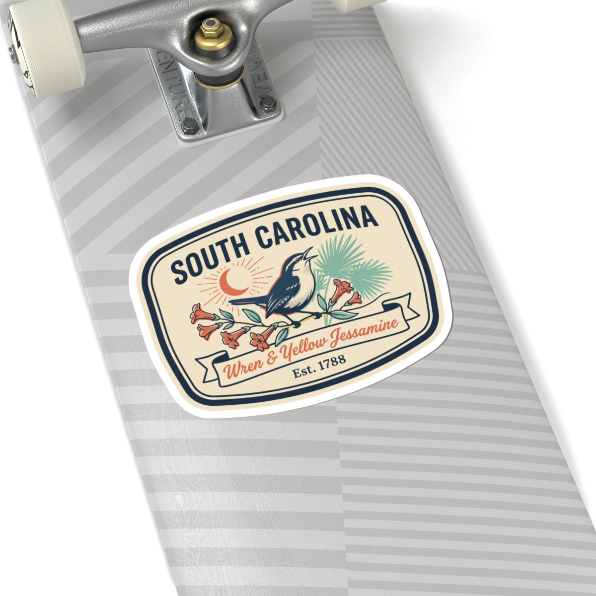 South Carolina kiss-cut vinyl sticker on gray striped label: wren and yellow jessamine