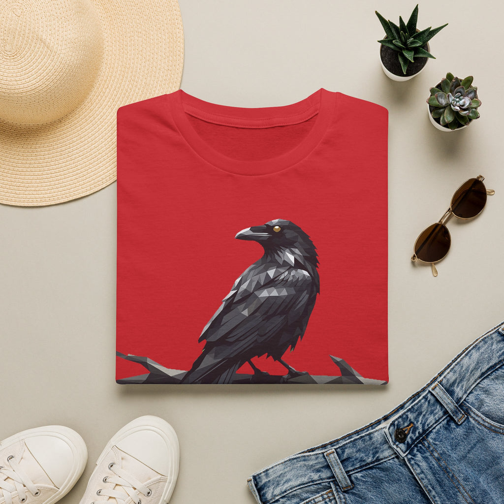 Red raven bird graphic T-shirt with crow perched design on front