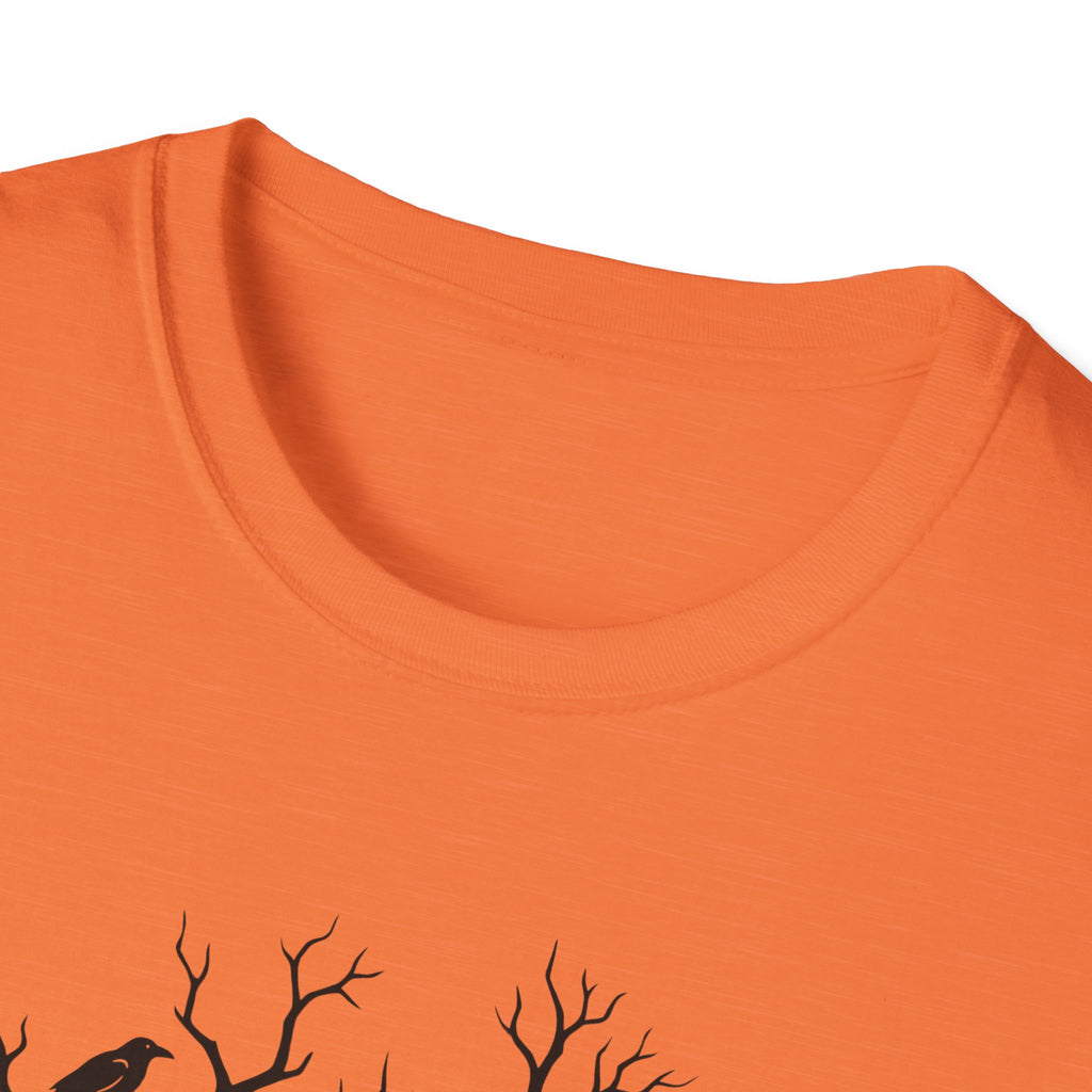 Orange crew-neck T-shirt collar close-up