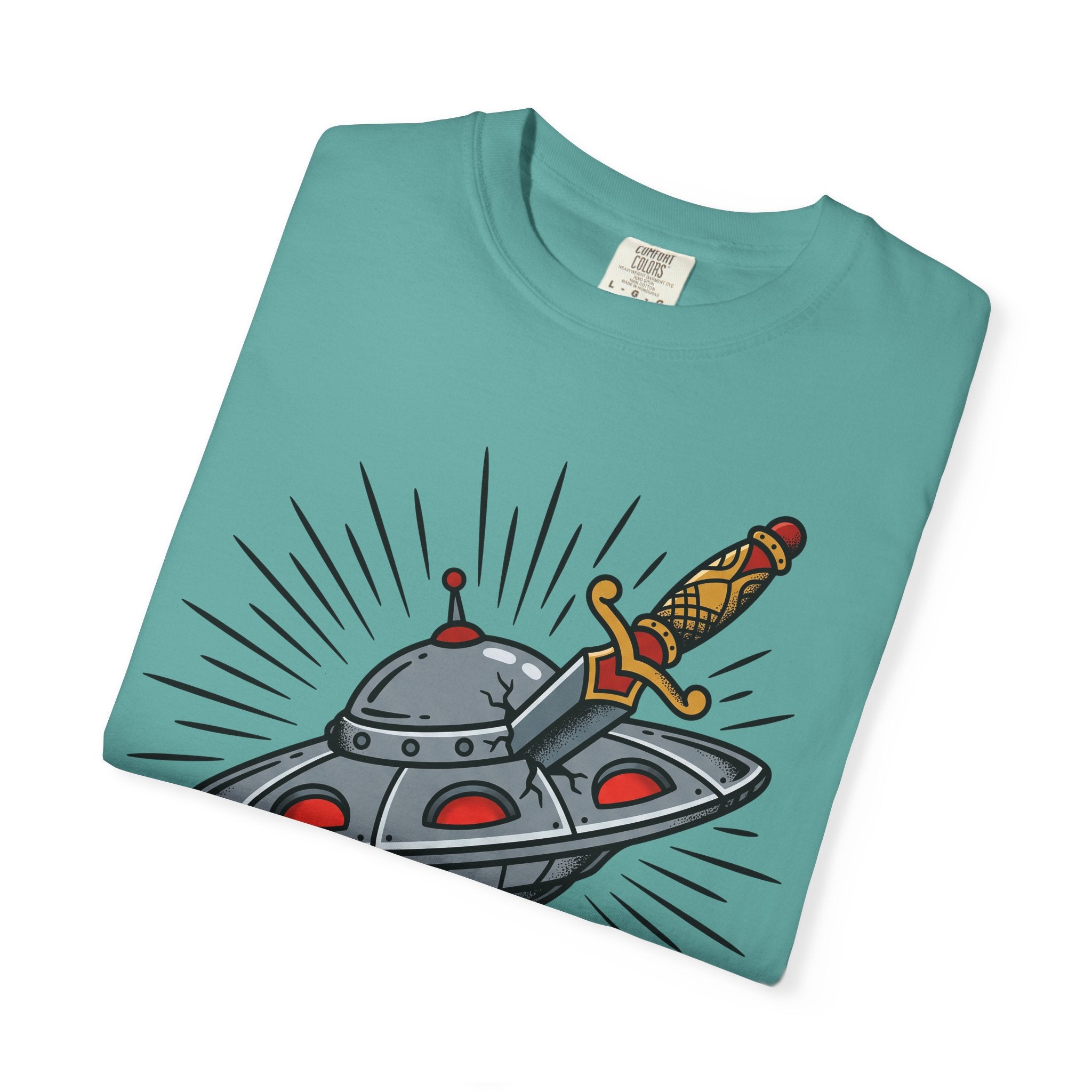 Teal short-sleeve T-shirt with UFO and dagger “No Trespassing” graphic