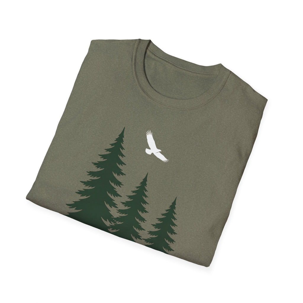 Dark heather T-shirt showing pine trees and a white soaring bird on the front