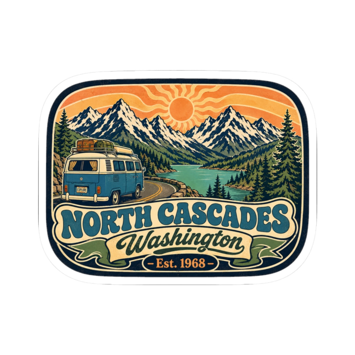 North Cascades decal sticker with blue camper van, North Cascades lettering, and sun